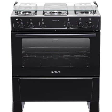Fogão Atlas Mônaco 5 Bocas Preto, Forno Limpa Fácil, Tampa De Vidro, Mesa De Inox Bivolt